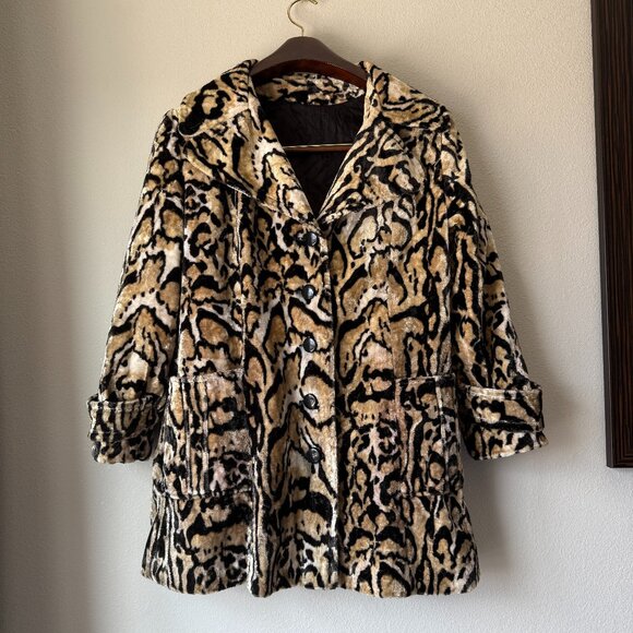 Vintage 60s 70s Leopard Faux Fur Animal Print Belted Coat Union Made Mod M/L - Picture 3 of 16